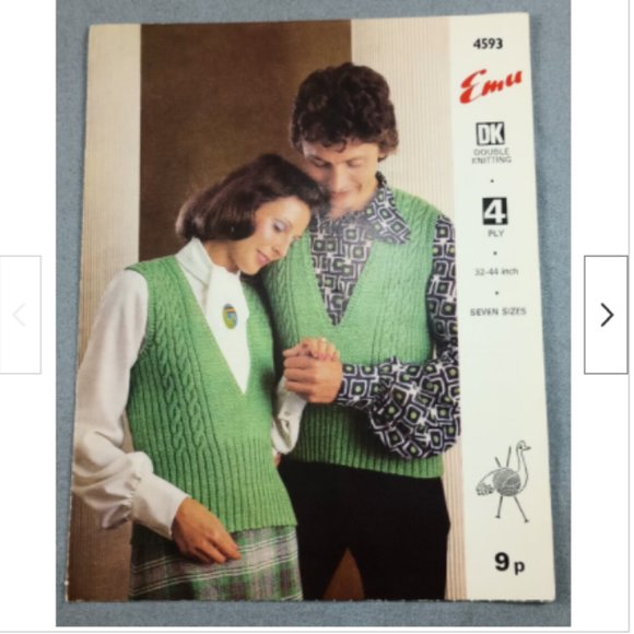 Vtg 1970 Emu Knitting Pattern 4593 V-neck Cable Rib Vest Mens Ladies Chest 32-44 - Picture 1 of 2